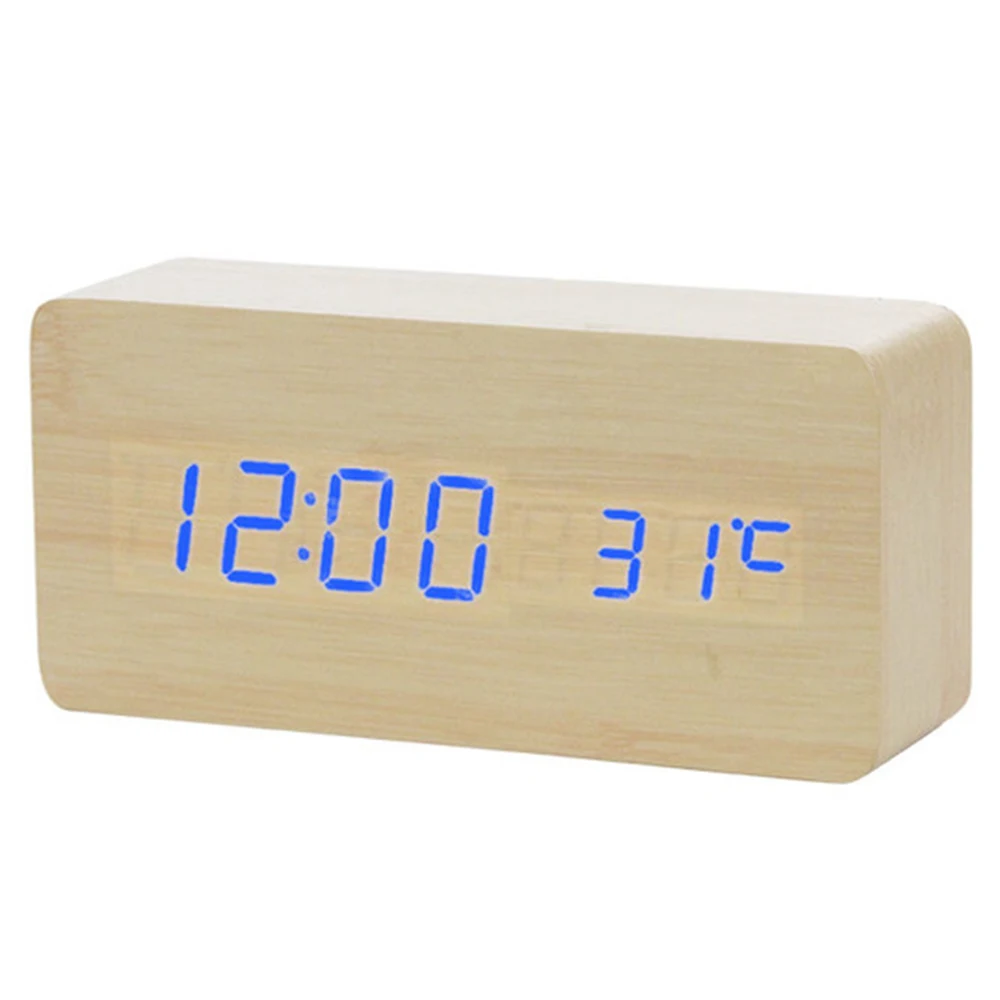 Светодиодный Будильник с голосовым управлением, цифровой термометр с деревянной подсветкой, деревянные ретро светящиеся часы, настольные светящиеся будильники - Цвет: Blue Number Yellow