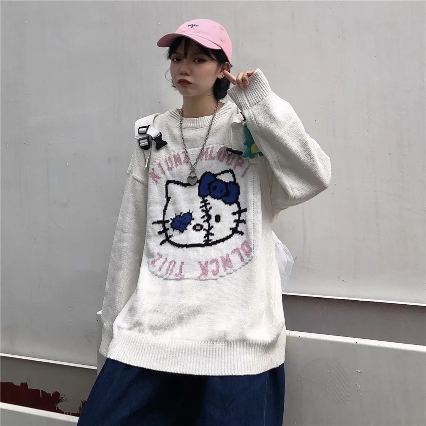 Harajuku Women'S Sweater Pullover Japanese Cartoon Cat Print Lazy Style Loose Large Size Casual Pullover Ladies Sweater