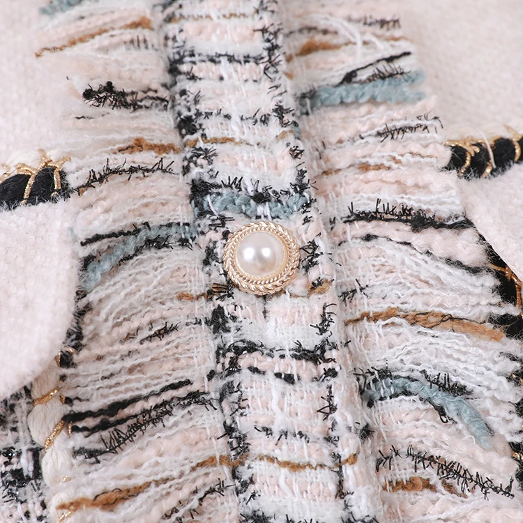 Женский вязаный твидовый комплект, осень, элегантный однобортный пиджак с отложным воротником и кисточками+ клетчатая трапециевидная юбка, костюм