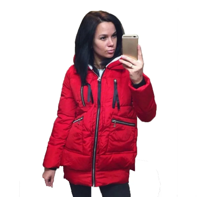 red long jacket FORERUN, зимнее длинное пальто для женщин, плюс размер, 5XL, куртка, повседневные куртки с капюшоном, хлопковые ватники, парки с большими карманами, Veste Longue Femme - Цвет: red long jacket