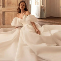 Off-The-Shoulder Short Sleeve Vestido de novia A-Line with Satin Off-The-Shoulder Strapless Wedding Dresses 2022 Summer Pleat