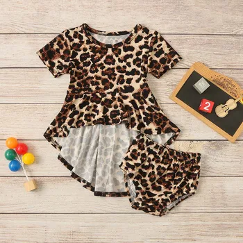 

Fashion Summer Children Dress 1-5 years Toddler Kids Baby Girls O-neck Leopard Irregular Dress Swallowtail Shorts Set Outfits H4