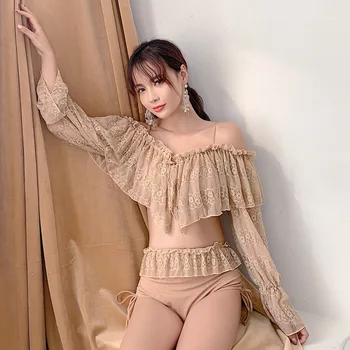 

May Female Beach 2020 Womens Bikini Swimwear Surfing Clothes Korea Rashguard Swimsuit Split Sexy Push Up One Word Shoulder Lace