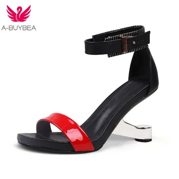 

Mixed Color High Heel Women Sandals Genuine Leather Open Toe 8cm Strange Heel Summer Women Sandals black red Party Shoes