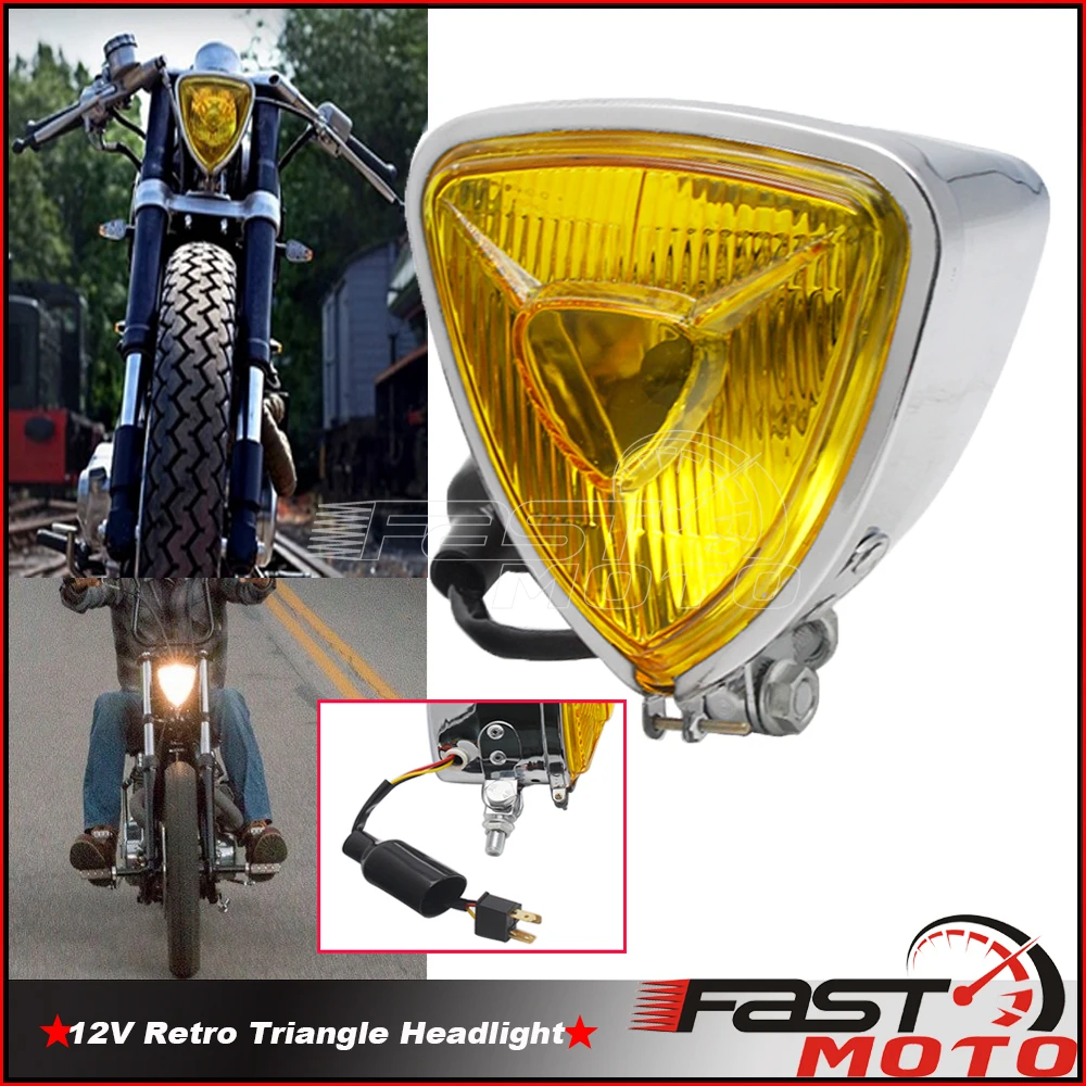 

Retro Motorcycle Triangle Headlight Chrome Case Yellow Lens 12V Headlamp For Bobber Custom Chopper Caffe Racer Waterproof Light