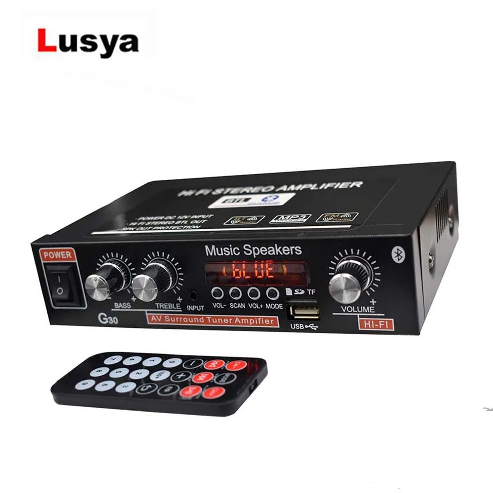 

Lusya 12V Car Amplifier 2.0 Channel Audio Digital Bluetooth Amplifiers 45W+45W Support FM TF Card U Disk Remote Car Home H3-002