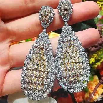 

72mm Fashion Drop Pierced Hollow Pendant Gold Colors Full Cubic Zirconia Dangle Earings Women Wedding Bridal Jewelry