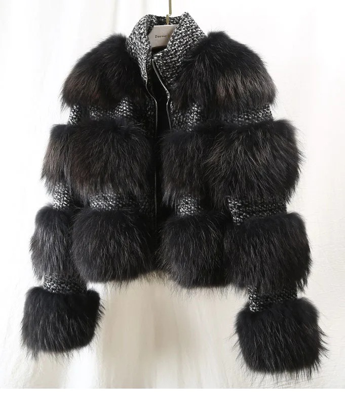 Зимняя куртка женская парка пальто из натурального меха енота воротник шерстяное пальто куртка-бомбер Корейская уличная Синяя - Цвет: black fur