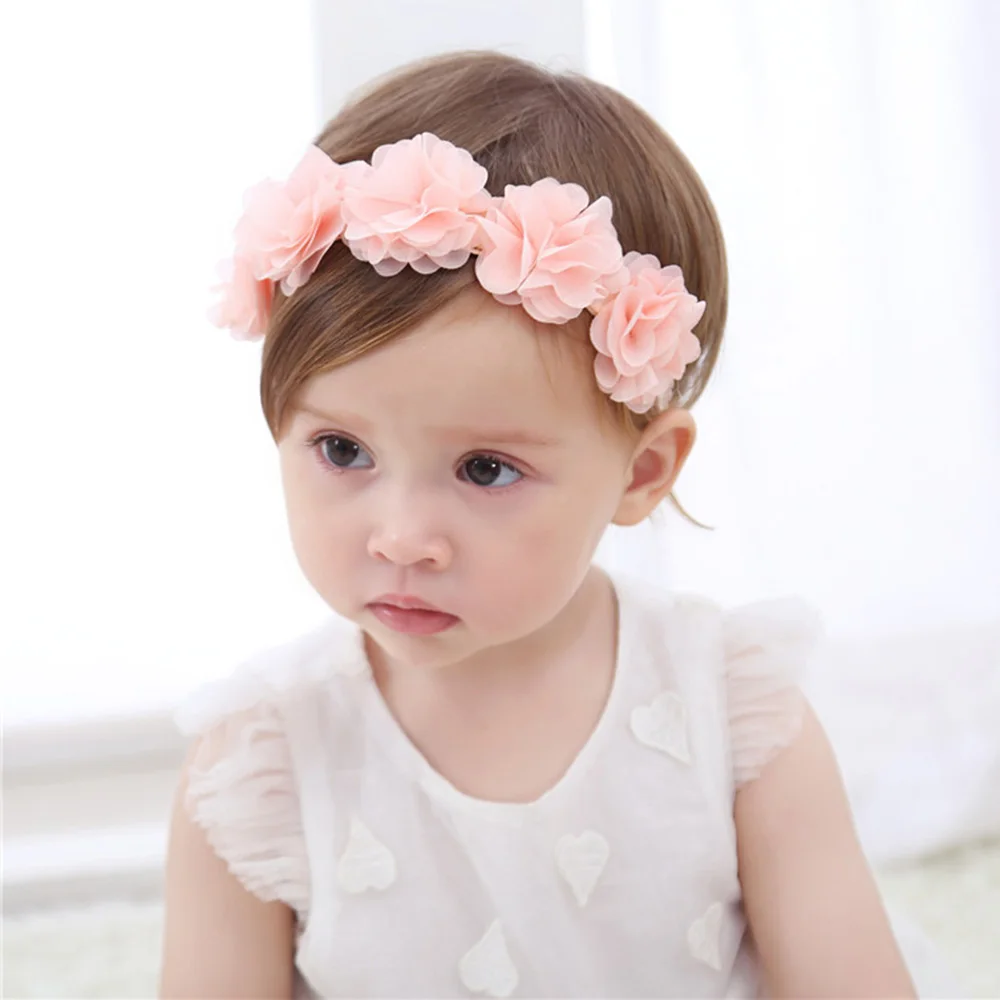 CN Baby Girls Floral Headbands Nylon Flowers Crown Hair Bow Elastic Bands 