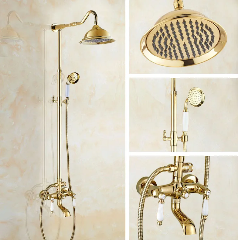 

Luxury Golden Bathroom Shower Mixer Taps Wall 8.2" Rainfall Bath Shower Faucet Set W/ Handshower Tub Spout zgf630