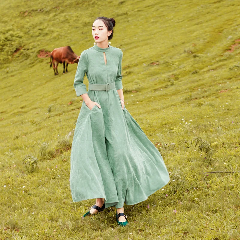 

PRE-SALE 2018 Autumn And Winter New Style Literature And Art Corduroy Slimming Big Hemline Dress Long Skirts Women's Belt Includ