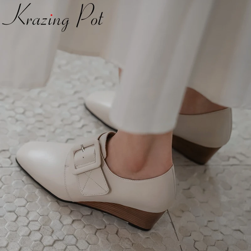 

Krazing Pot 2020 genuine leather square toe wedges brand women pumps mature office lady dress buckle high heels spring shoes L09