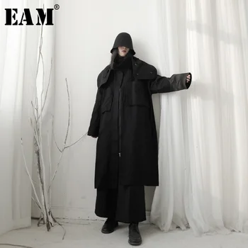 

[EAM] Women Black Long Big Size Trench New Turtlenack Long Sleeve Loose Fit Windbreaker Fashion Tide Spring Autumn 2020 19A-a596