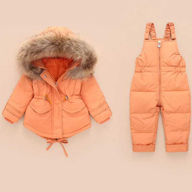 Winter Baby Girls Jumpsuit Fashion Fur Hooded White Duck Down Coat+thick Parka Pants 2pcs Snowsuit Children Clothing Outerwear