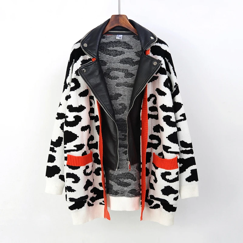 2019 осень зима новые двухслойные поддельные две моды тренд дамы леопардовые пальто Корея большой размер вязанная кожаная куртка