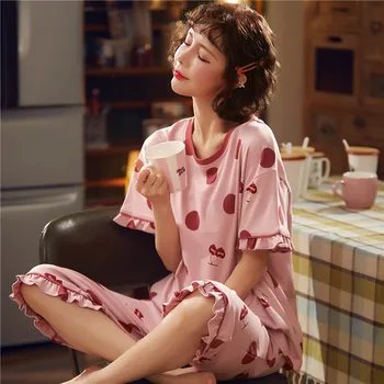 

2020 Summer Women Comfortable Cute Pajama Set Girl Print Pajamas Set Short Sleeve Sleepwear Suit Women Nightshirt Sets