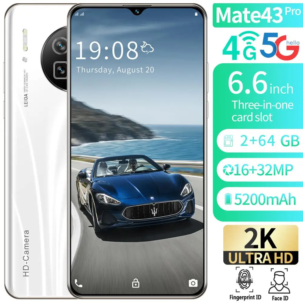 Mate43Pro Android 6.6-Inch Drip Large Screen Smart Phone Hot Bent Frosted Glass High-End Back Cover + Face Recognition