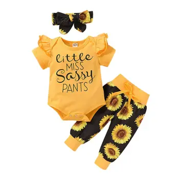 

Newborn Baby Girl Clothes Set Short Sleeve Off-Shoulder Crop Tops Sunflower Long pants Set Baby Girls 3pcs Outfit Sunsuit