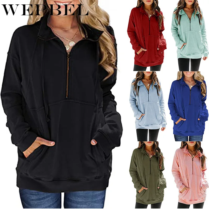 

WEPBEL Women's Solid Color Casual Long-Sleeved Loose Sweatshirts Autumn Winter Long-Sleeved Zipper Stand Pocket Sweatshirts Tops