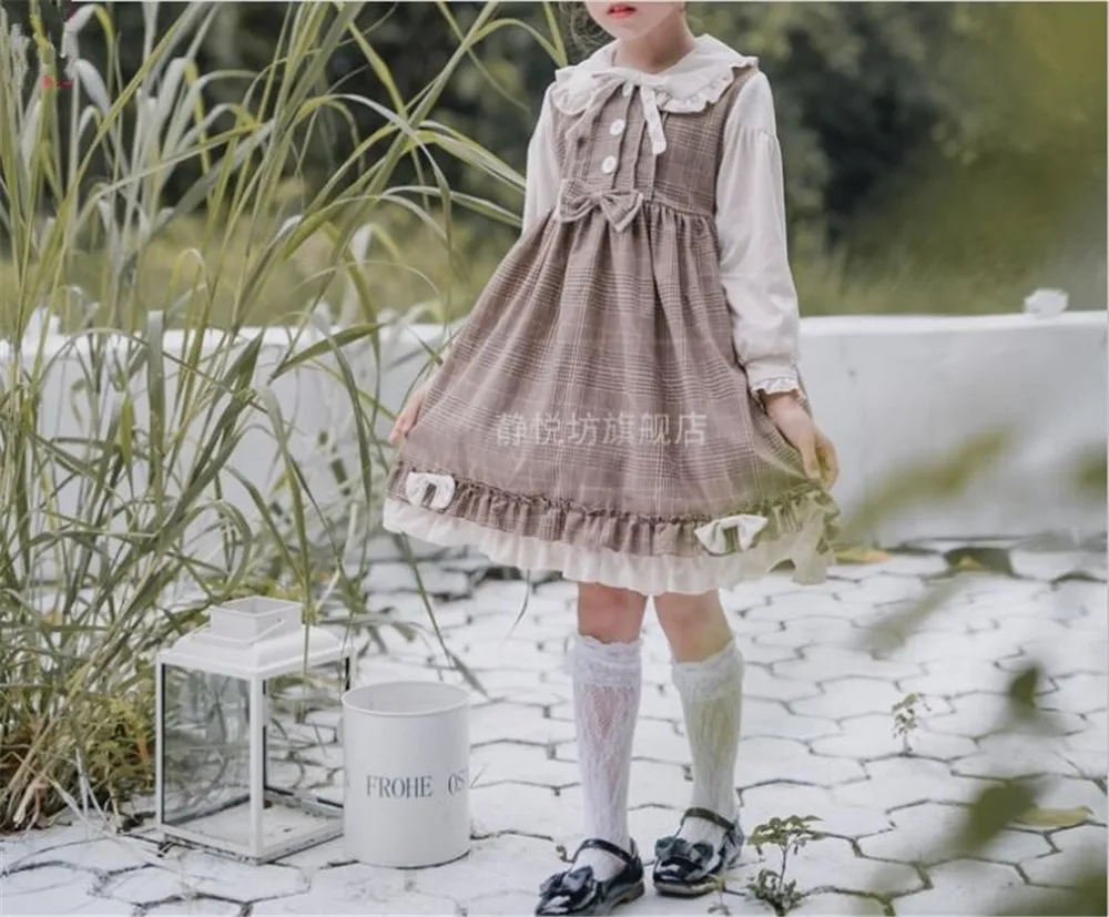 Sweet lolita dress vintage bowknot high waist short/long sleeve lattice victorian dress kawaii girl kids B817