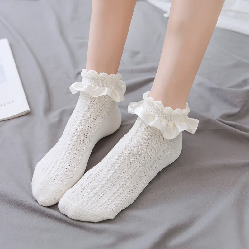 Women Lace Mesh Black White Cotton Socks Lolita Style Japanese Maiden Lovely Short Socks Harajuku Frilly Ruffle Princess Socks