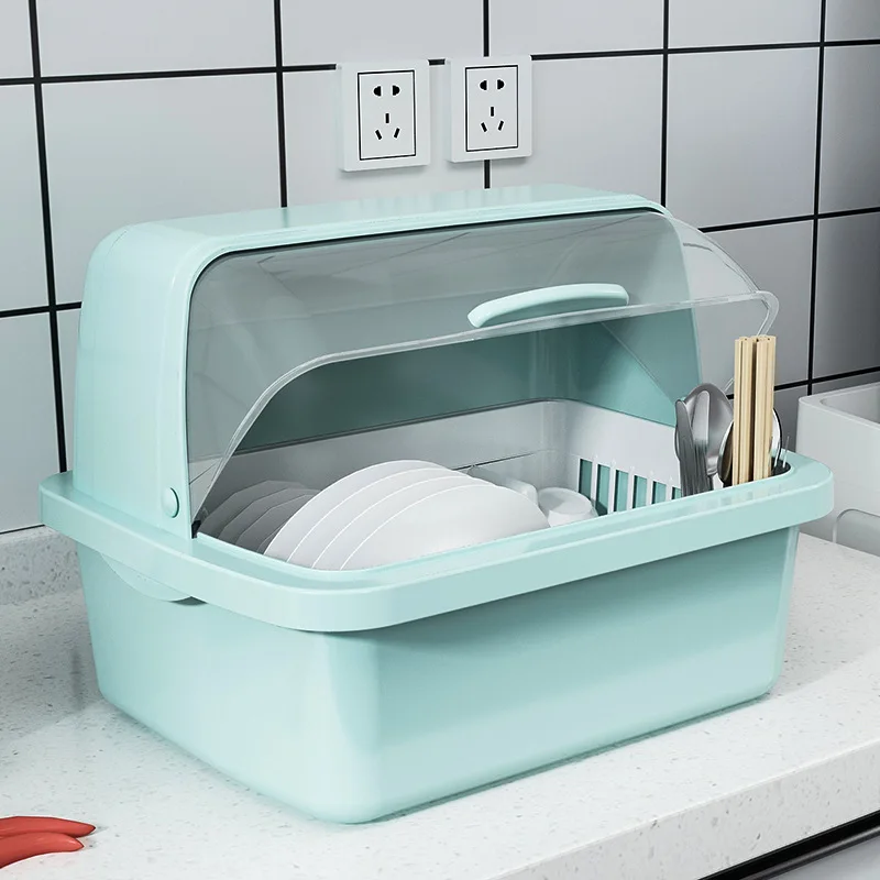 

Cupboard Plastic Kitchen Bowls And Chopsticks Draining Shelf with Cover Plates Tableware Dustproof Storage Kitchen Double Layer