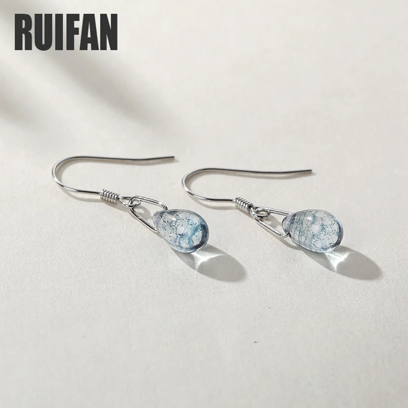 Женские серьги Крючки Ruifan синие подвески из чистого серебра 925 пробы с каплями