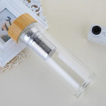 

450ml Bamboo Lid Double Wall Glass Tea Cup with Tea Infuser Heat Resistant Water Bottle WB1023