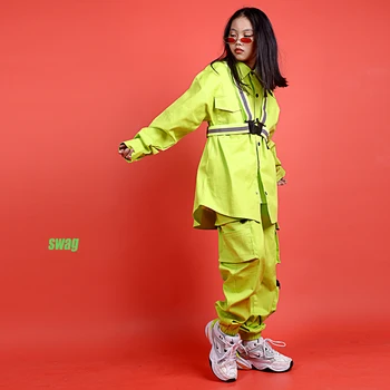 

Children Hip Hop Costumes Kids Fluorescent Green Shirt Pants Boys Street Dance Clothing Girls Jazz Stage Performance Wear DN4632