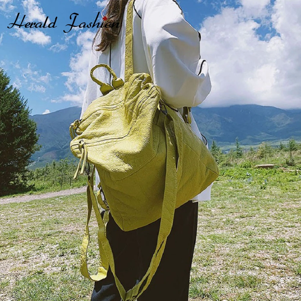 

Herald Fashion Soft Leather Female Backpack High Quality Solid Casual Ladies Backpack High Capacity Classic Travel Vintage Bag