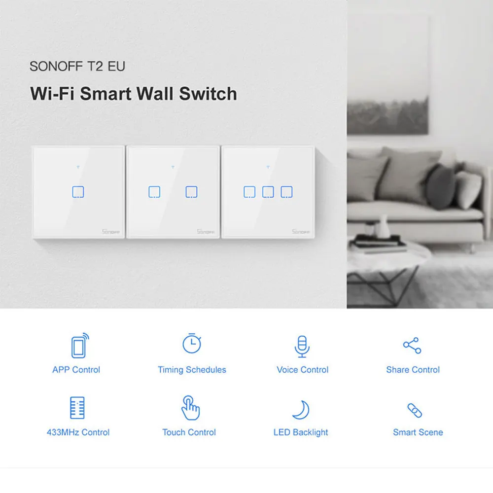 Интеллектуальный выключатель света Sonoff T2 1/2/3 Smart WiFi беспроводная панель сенсорный выключатель Wi-Fi Беспроводной умный контроллер дома Google