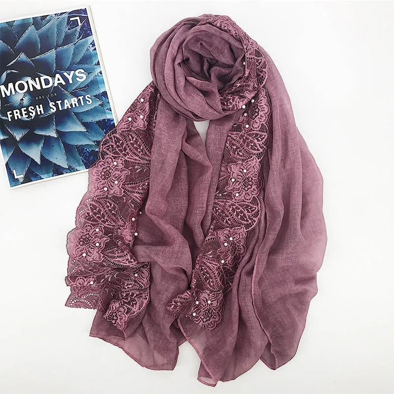 Lace floral hijab scarf plain beads cotton headband scarves wraps shawls hijab spring muslim scarf 180*80cm