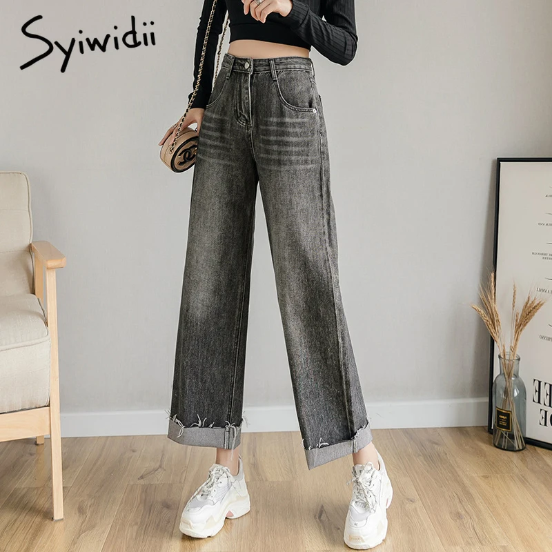 

High Waisted Gray Jeans for Women Roll Up Wide Pants Mom Distressed Jeans Loose Snow Wash Push Up Streetwear Fashion Jeans woman