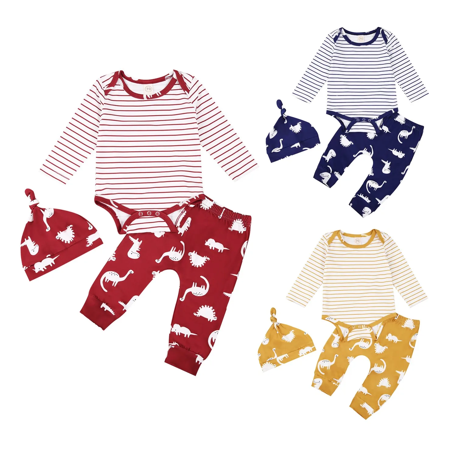 

2020 New Fall Autumn 0-18M Newborn Baby Boy Girl 3Pcs Set Cute Striped Long Sleeve Bodysuit+Dinosaur Print Pants+Hat 3 Colors