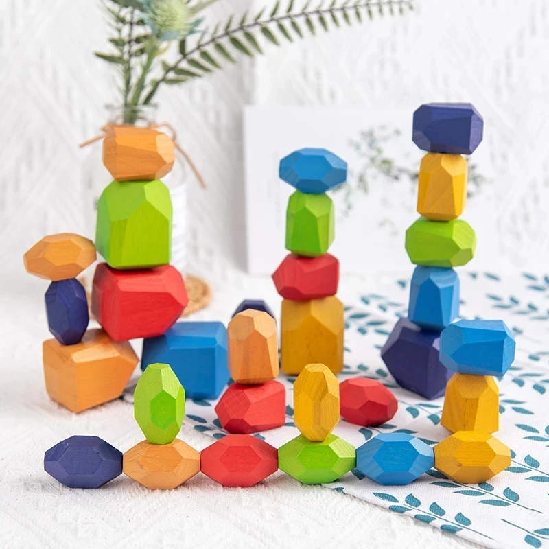 Blocks Toys Wooden Stone Creative Building Game Kids Newborn Stacking Game Rainbow Toy Cubes 