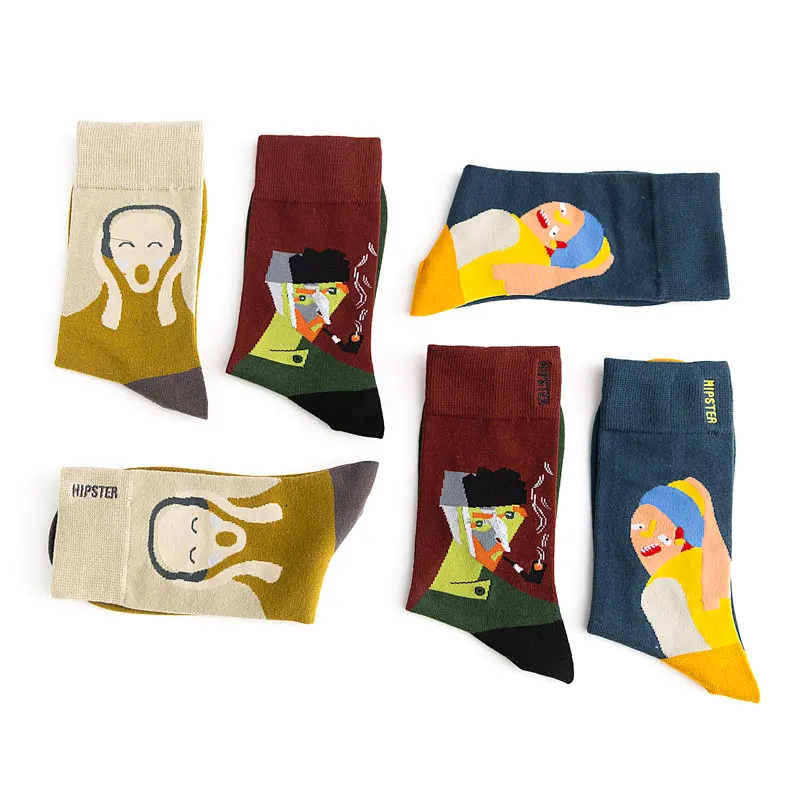 3 пар/упак. стильные женские носки унисекс с масляными рисунками, 100 хлопок, Harajuku, цветные забавные Женские носочки, стандартная уличная одежда, Размеры 35-43