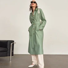 Women Pu Leather Trench Coat Mint Green Long Sleeve Long Coat with Single Breasted Belt Pocket Fashion Winter Windbreaker Jacket