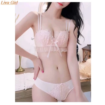 

Women Bra Sets Lace Rimless Gathered Embroidered Seamless Push Up Lingerie Set French Style Bra and Low Waist Panties