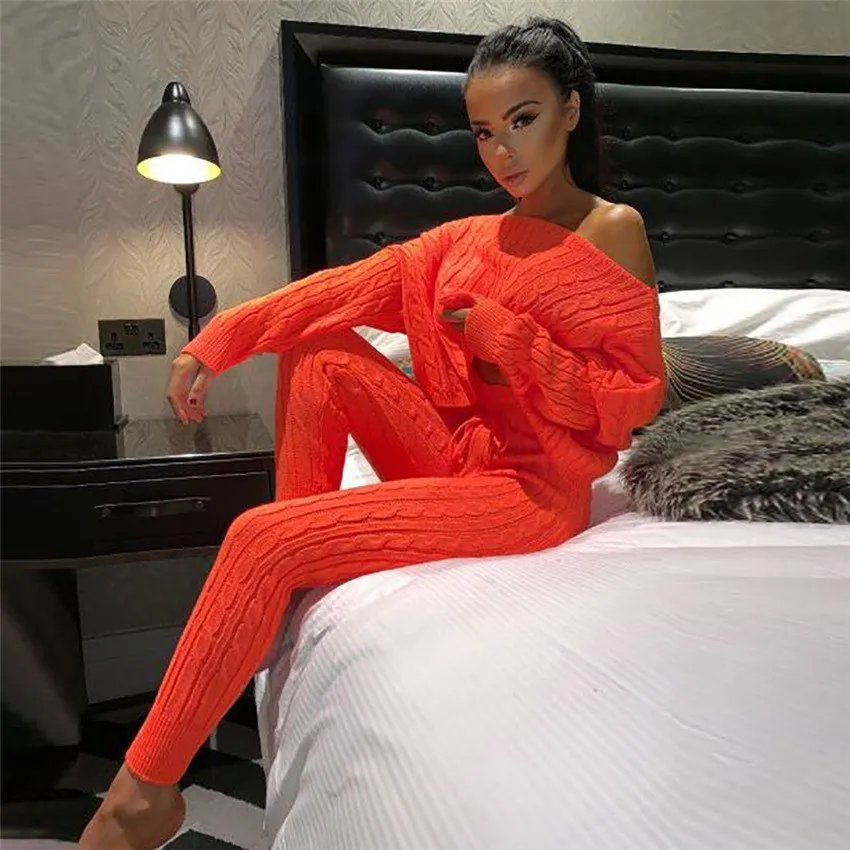 

fall 2019 Long Sleeve Crop Tops Pants Two Piece Knitted Set Solid Sweater Trousers Sets Knitting Women Tracksuits
