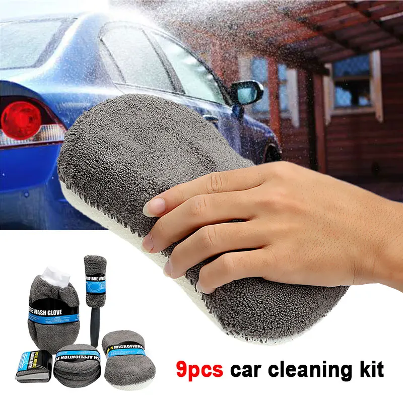 Vehemo 9pcs Grey Car Cleaning Supplies Car Wash Kit Cars Car Cleaning Kit Washing Glove Wheel Brush Universal Polishing