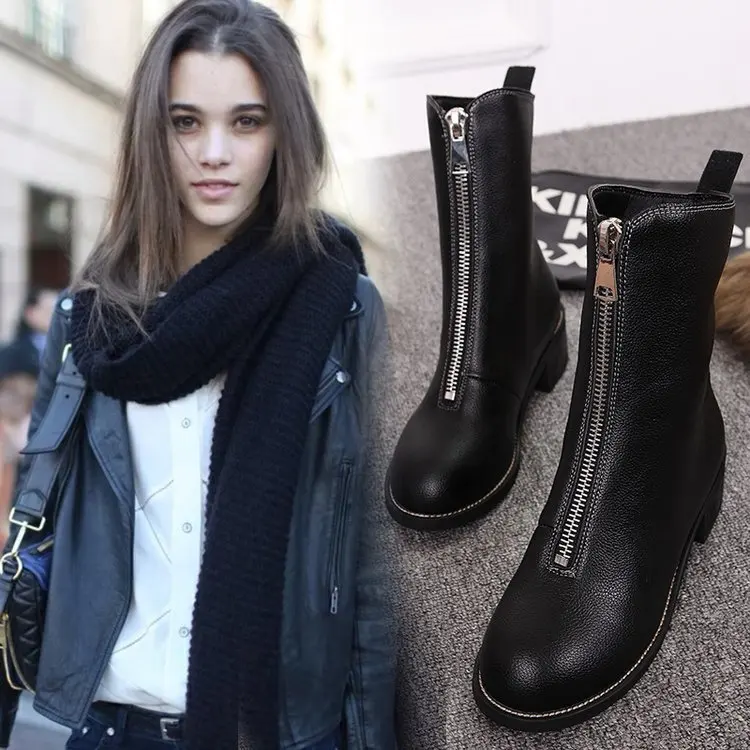 

Martin Boots Female British Wind Tube Student Wild Women's Boots Thick With Front Zipper Breathable Boots Women Botas Mujer