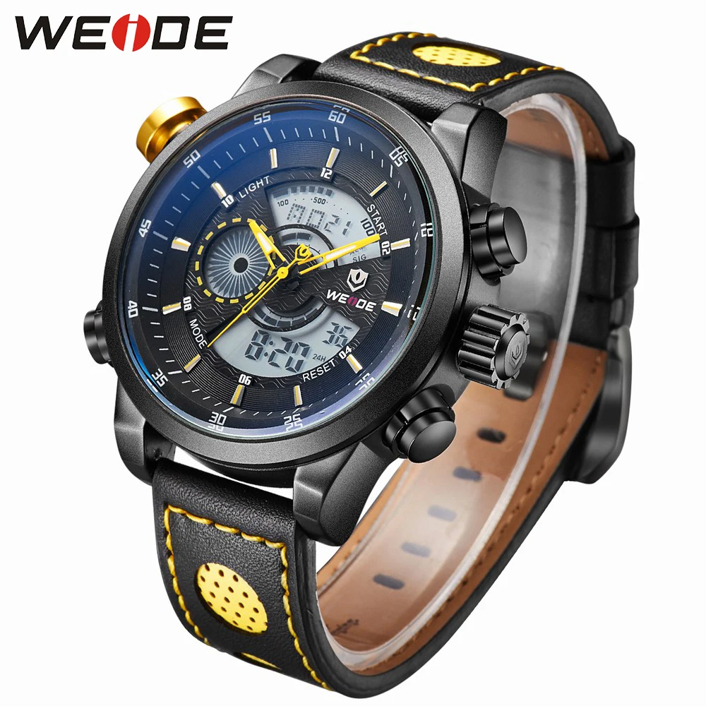 Мужские кварцевые часы WEIDE роскошные спортивные с двойным дисплеем кожаным
