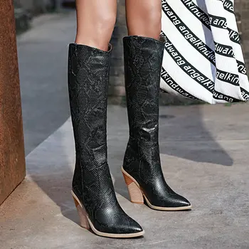 

Fashion Snake Print Western Cowboy Boots Wedges High Heel Knee High Boots Slip On Winter Women Boots Big Size 34-43