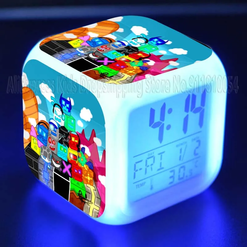 Angry Geometry Dash Alarm Clocks Children Game Anime Desk Clocks Kids Led Digital Clock with Date Thermometer Boys Girls Gifts