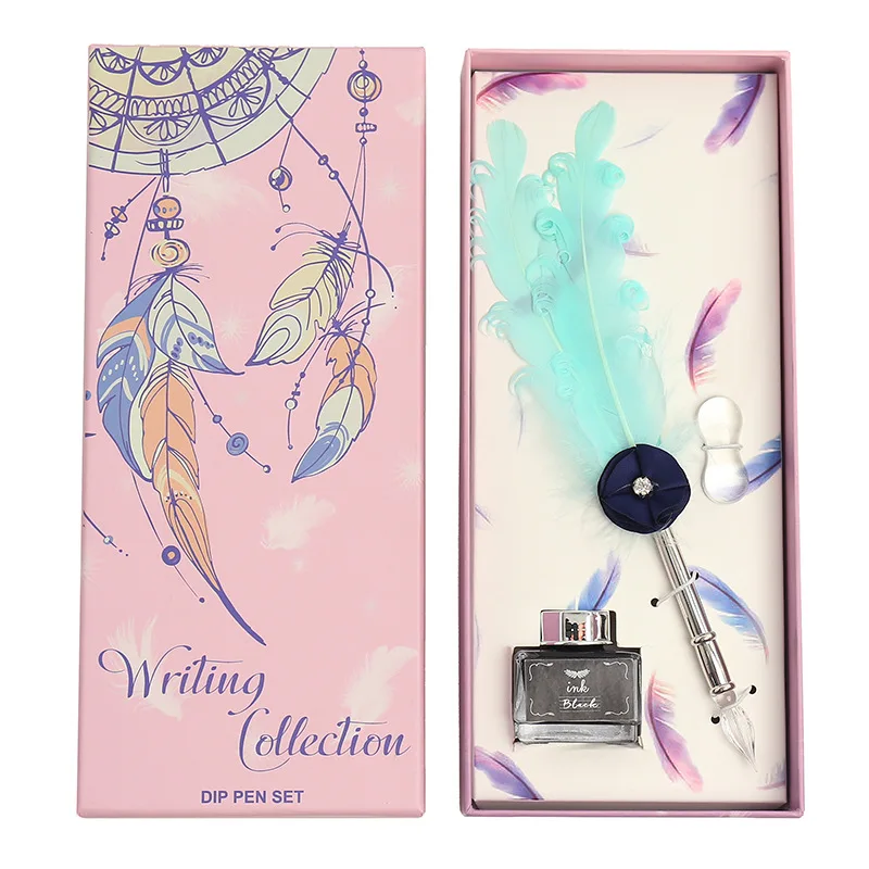 

Creative with drill Glass Pen Vintage Feather Pen gift set Metal Fountain Pen Student Stationery Gift Box Quill Pens for wedding