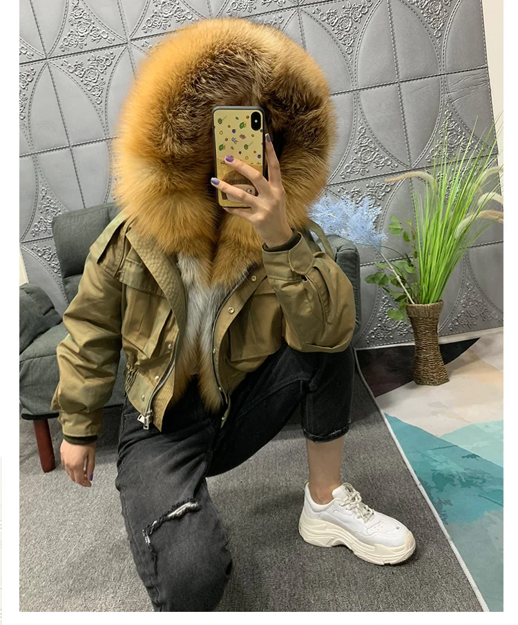 red fox fur В году, Короткая Меховая парка в уличном стиле для девочек куртка с подкладкой из овечьего меха зимняя куртка-бомбер с капюшоном и отделкой из лисьего меха - Цвет: red fox fur