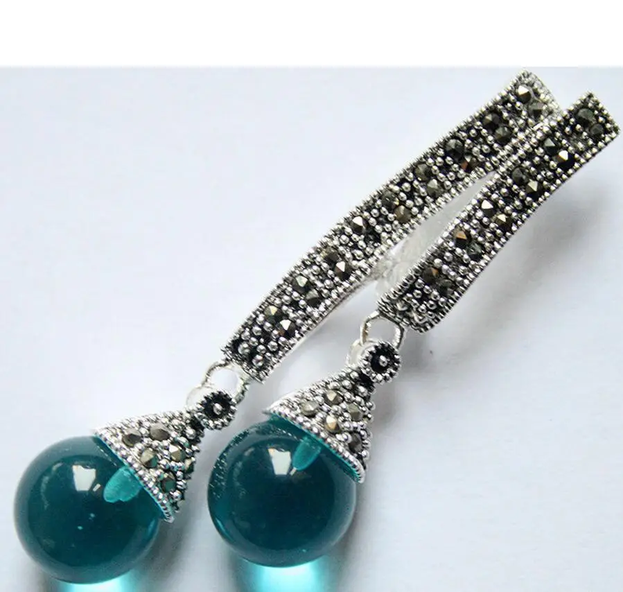 Free Shipping 12mm Two Round blue opal cat eye 925 Sterling Silver Marcasite Pendant 58*20mm | Украшения и аксессуары