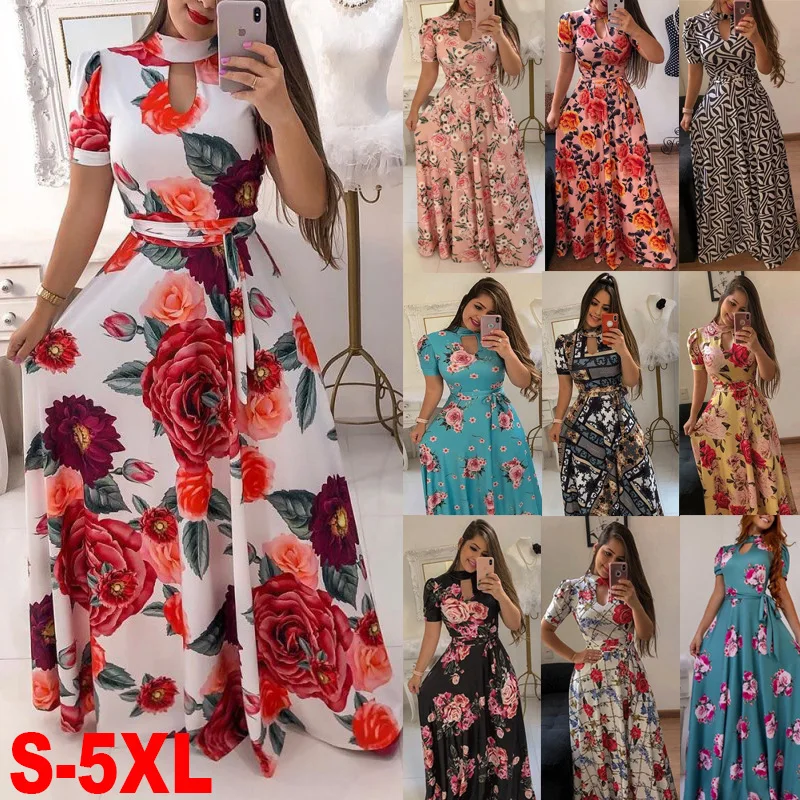 

LOSSKY Casual Women Summer Dress Print Robe Femme Party Vestidos Women Elegant Plus Size Streetwear Long Bandage Maxi Dresses