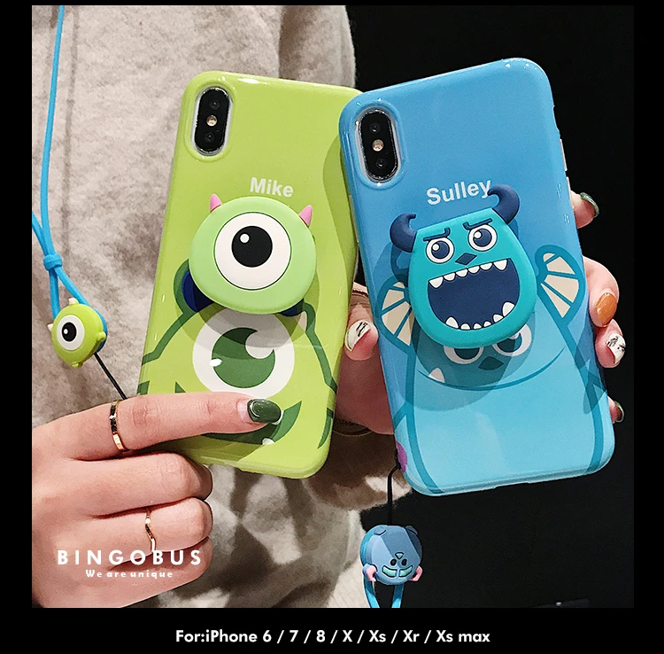 For iphone 11 pro XS max XR X Cute Sullivan Mike Monsters Case Soft matte cover 6 6s 7 8 plus Shell +stander +Strap |
