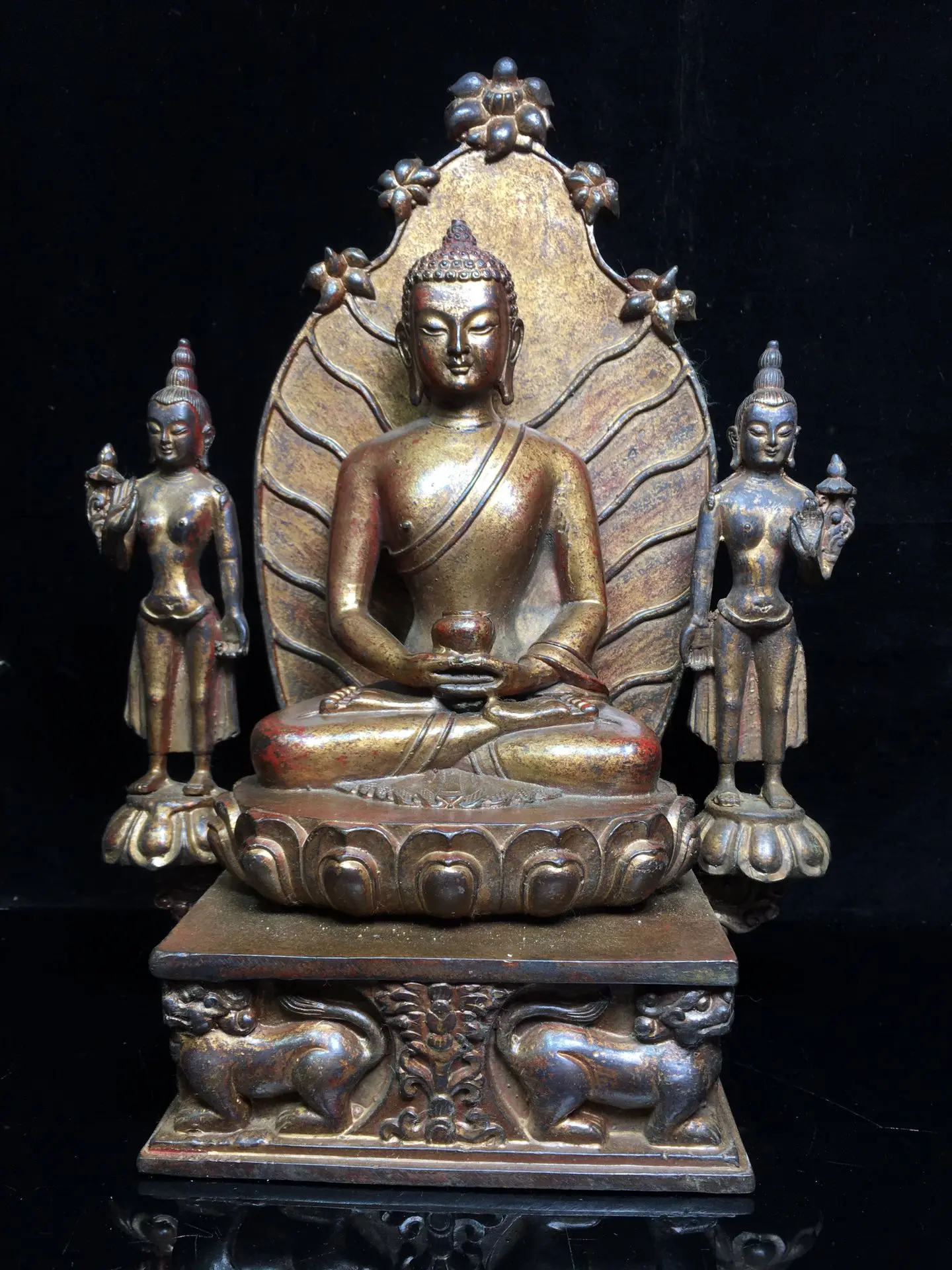 

13"Tibetan Temple Collection Old Bronze Cinnabar gilded Northern Wei Buddha Shakyamuni Three Buddhas Buddha Terrace ornament
